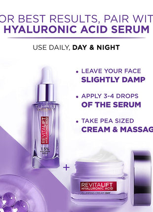 L'Oréal Paris Moisture Filling Shampoo, With Hyaluronic Acid, For Dry & Dehydrated Hair, Hyaluron Moisture 72H, 340ml & L'Oreal Paris Day Cream for Women Revitalift Hyaluronic Acid, 15ml 