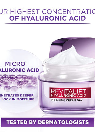 L'Oréal Paris Moisture Filling Shampoo, With Hyaluronic Acid, For Dry & Dehydrated Hair, Hyaluron Moisture 72H, 340ml & L'Oreal Paris Day Cream for Women Revitalift Hyaluronic Acid, 15ml 