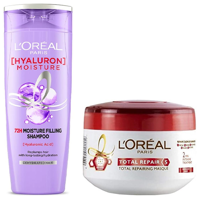 L'Oreal Paris Hair Mask, For Damaged and Weak Hair, With Pro-Keratin + Ceramide, Total Repair 5, 200ml & L'Oreal Paris Moisture Filling Shampoo, With Hyaluronic Acid, For Dry & Dehydrated Hair, 340ml 