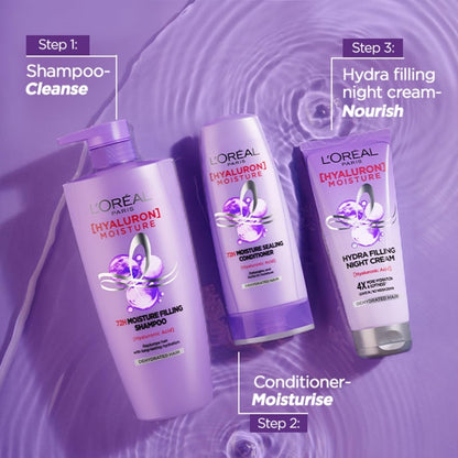 L'Oreal Paris Hyaluron Moisture 72H Filling Shampoo With Hyaluronic Acid for Dry & Dehydrated Hair 340ML + Conditioner 180 mL, Regime Pack of 2 