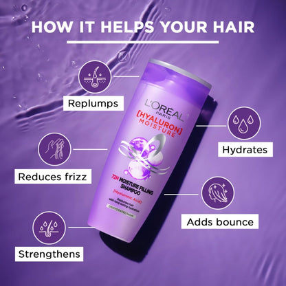 L'Oreal Paris Hyaluron Moisture 72H Filling Shampoo With Hyaluronic Acid for Dry & Dehydrated Hair 340ML + Conditioner 180 mL, Regime Pack of 2 