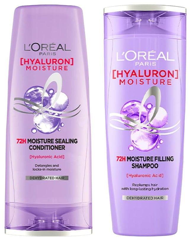 L'Oreal Paris Hyaluron Moisture 72H Moisture Filling Shampoo | With Hyaluronic Acid | For Dry & Dehydrated Hair 340ML + Hyaluron Moisture Conditioner 340 mL, Regime Pack of 2 