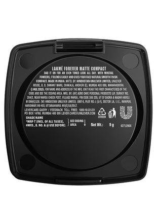 LAKMÉ Forever Matte Compact, Smooth Finish For Normal Skin , Lasts For 12 Hrs, Even Toned Look, Shell, 9G, Black 