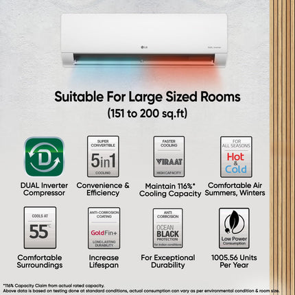 LG 1.5 Ton 3 Star Hot & Cold, DUAL Inverter Split AC (Copper, Convertible 5-in-1, VIRAAT Mode, 4 Way Swing, HD Filter with Anti-Virus Protection, US-H19VNXE, White) 