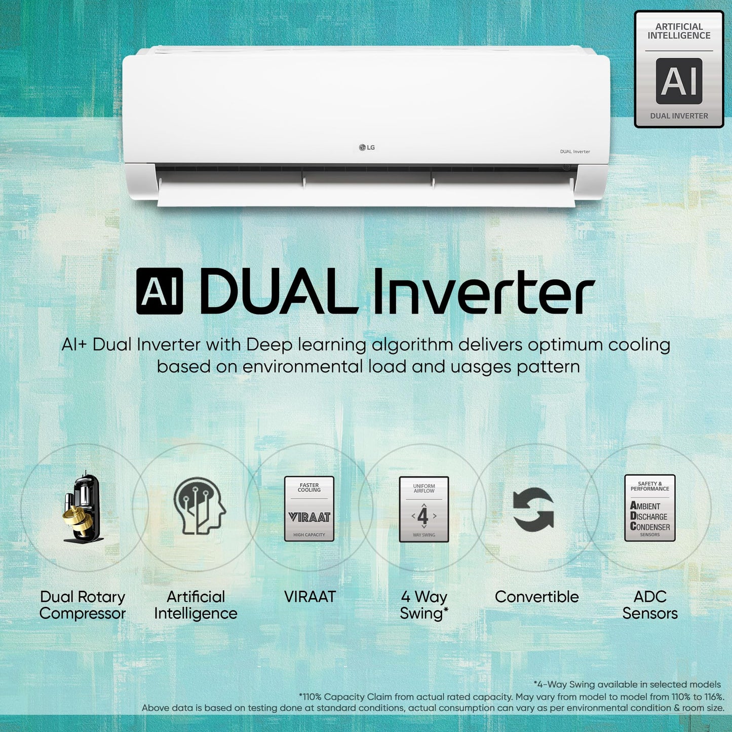 LG 1 Ton 4 Star DUAL Inverter Split AC (Copper, AI Convertible 6-in-1 Cooling, 4 Way Swing, HD Filter with Anti-Virus Protection, Faster Cooling & Energy Saving, 2024 Model, TS-Q13JNYE, White) 