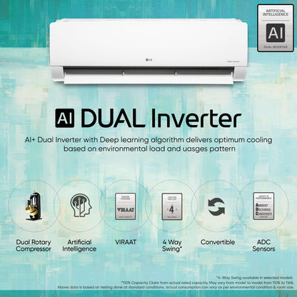 LG 1 Ton 4 Star DUAL Inverter Split AC (Copper, AI Convertible 6-in-1 Cooling, 4 Way Swing, HD Filter with Anti-Virus Protection, Faster Cooling & Energy Saving, 2024 Model, TS-Q13JNYE, White) 
