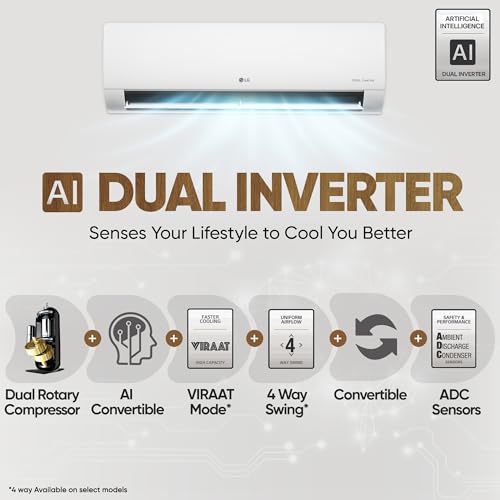 LG 1 Ton 4 Star DUAL Inverter Split AC (Copper, AI Convertible 6-in-1 with VIRAAT Mode, Faster Cooling & Energy Saving, 4 Way Swing, HD Filter with AntiVirus Protection, US-Q13JNYE, White) 