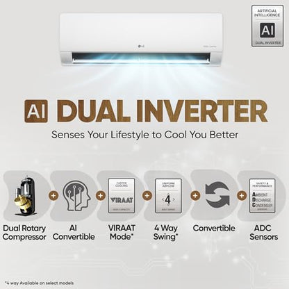 LG 1 Ton 4 Star DUAL Inverter Split AC (Copper, AI Convertible 6-in-1 with VIRAAT Mode, Faster Cooling & Energy Saving, 4 Way Swing, HD Filter with AntiVirus Protection, US-Q13JNYE, White) 
