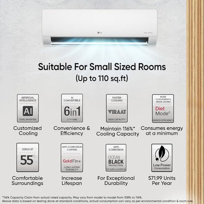 LG 1 Ton 4 Star DUAL Inverter Split AC (Copper, AI Convertible 6-in-1 with VIRAAT Mode, Faster Cooling & Energy Saving, 4 Way Swing, HD Filter with AntiVirus Protection, US-Q13JNYE, White) 