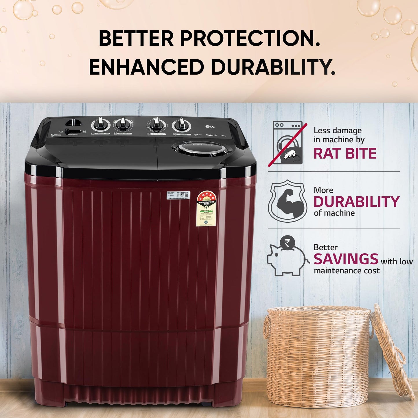 LG 11.5 kg, 5 Star, Roller Jet Pulsator with Soak, Wind Jet Dry Technology, Semi-Automatic Top Load Washing Machine (2025 Model, P115ASDAZ, Smart Filter & Rat Away feature) 