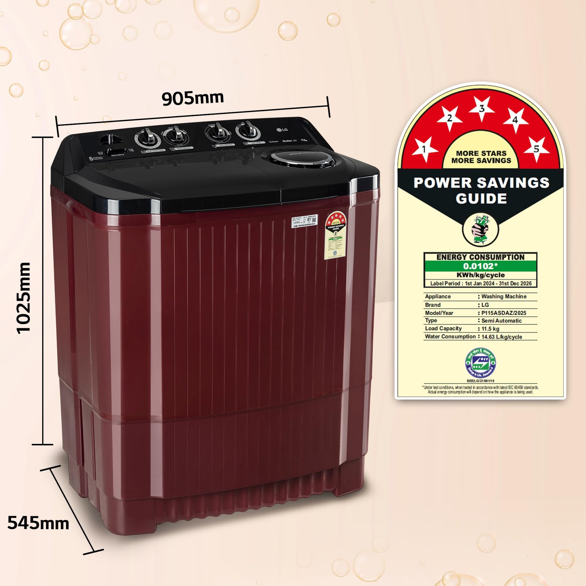 LG 11.5 kg, 5 Star, Roller Jet Pulsator with Soak, Wind Jet Dry Technology, Semi-Automatic Top Load Washing Machine (2025 Model, P115ASDAZ, Smart Filter & Rat Away feature) 