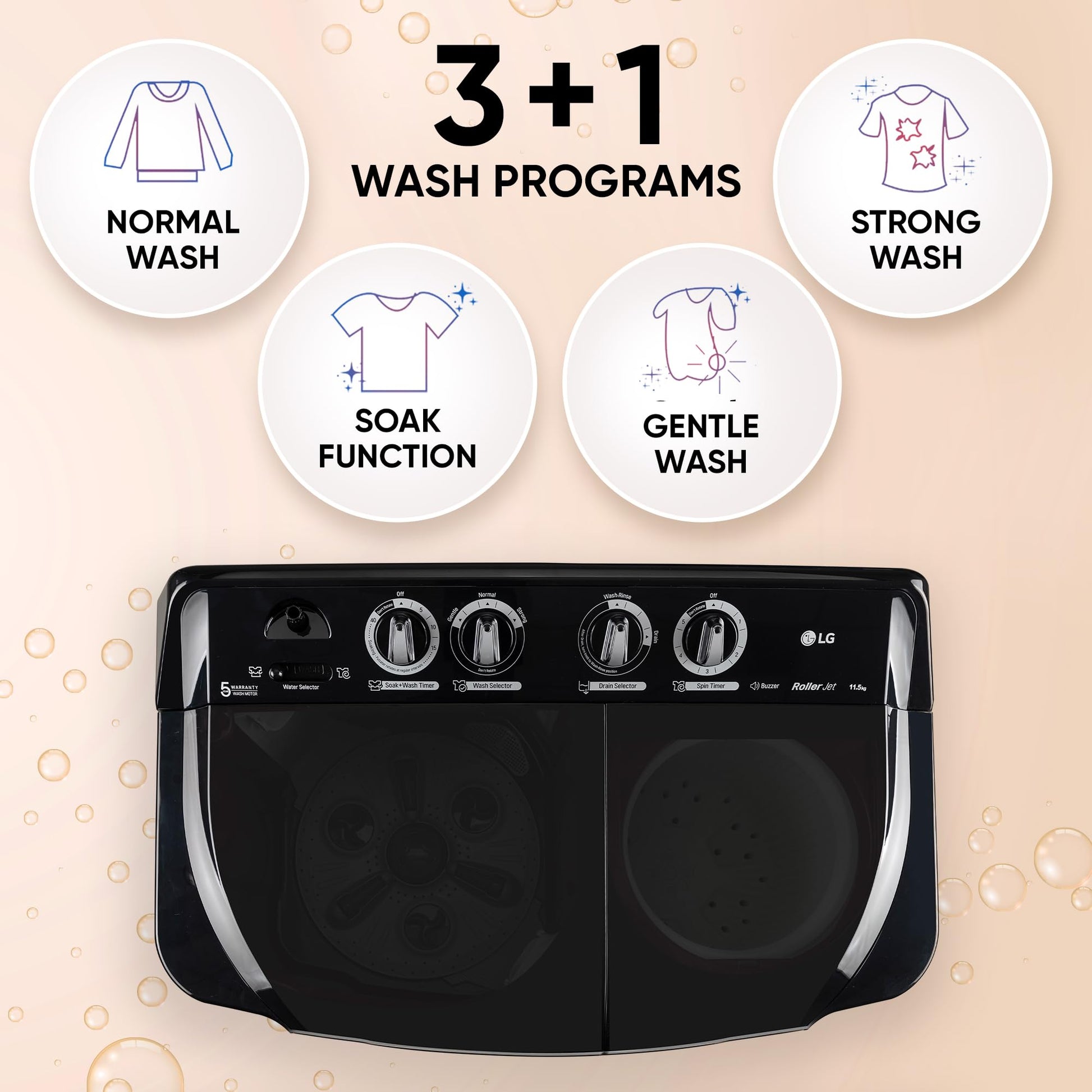 LG 11.5 kg, 5 Star, Roller Jet Pulsator with Soak, Wind Jet Dry Technology, Semi-Automatic Top Load Washing Machine (2025 Model, P115ASDAZ, Smart Filter & Rat Away feature) 