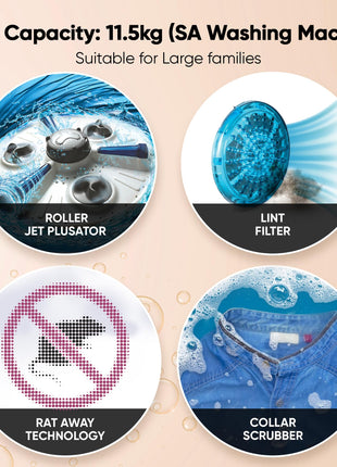 LG 11.5 kg, 5 Star, Roller Jet Pulsator with Soak, Wind Jet Dry Technology, Semi-Automatic Top Load Washing Machine (2025 Model, P115ASDAZ, Smart Filter & Rat Away feature) 