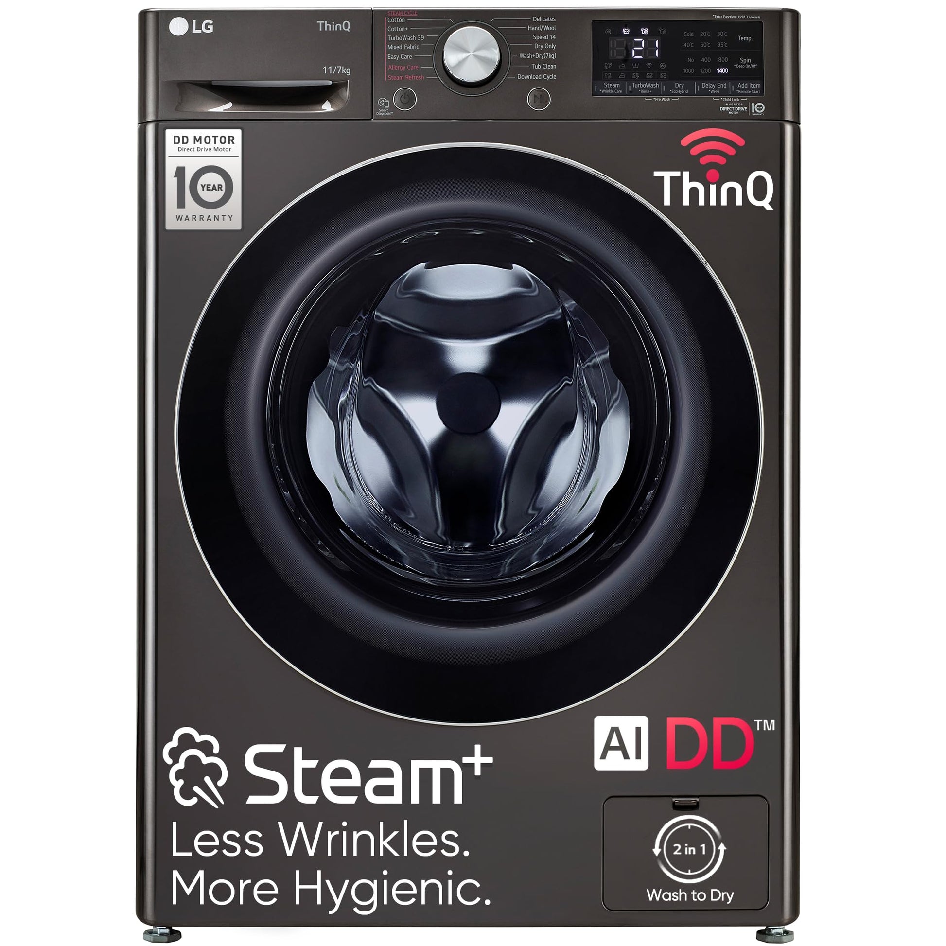LG 11 Kg (Wash) / 7 Kg (Dry), AI Direct Drive Technology, Steam+ & Wi-Fi Front Load Fully Automatic Washer Dryer (FHD1107STB, Intelligent & Convenient Fabric Care, Wrinkle Care, Black Steel) 