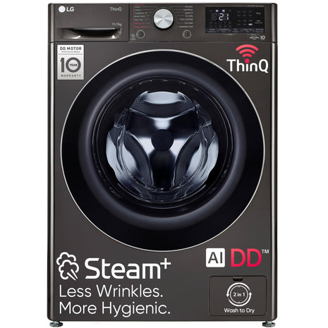 LG 11 Kg (Wash) / 7 Kg (Dry), AI Direct Drive Technology, Steam+ & Wi-Fi Front Load Fully Automatic Washer Dryer (FHD1107STB, Intelligent & Convenient Fabric Care, Wrinkle Care, Black Steel) 