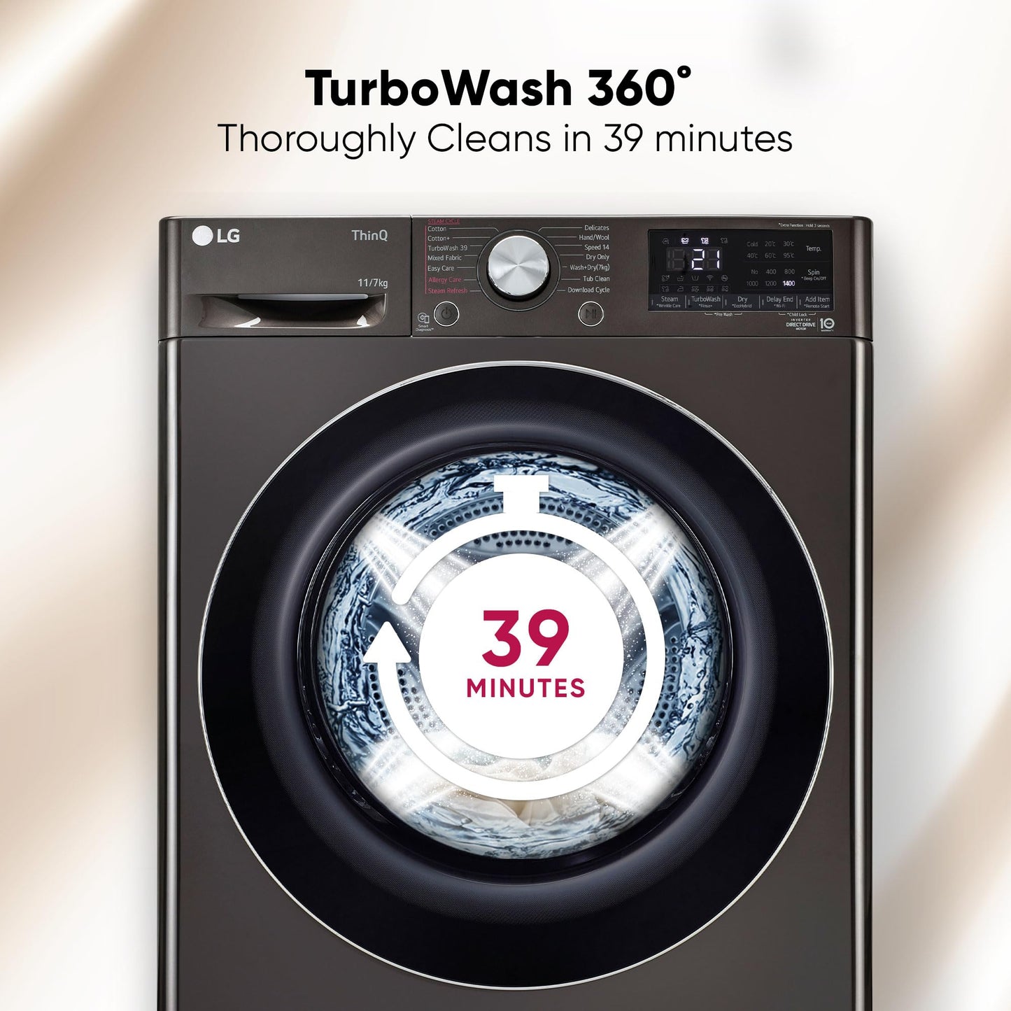 LG 11 Kg (Wash) / 7 Kg (Dry), AI Direct Drive Technology, Steam+ & Wi-Fi Front Load Fully Automatic Washer Dryer (FHD1107STB, Intelligent & Convenient Fabric Care, Wrinkle Care, Black Steel) 