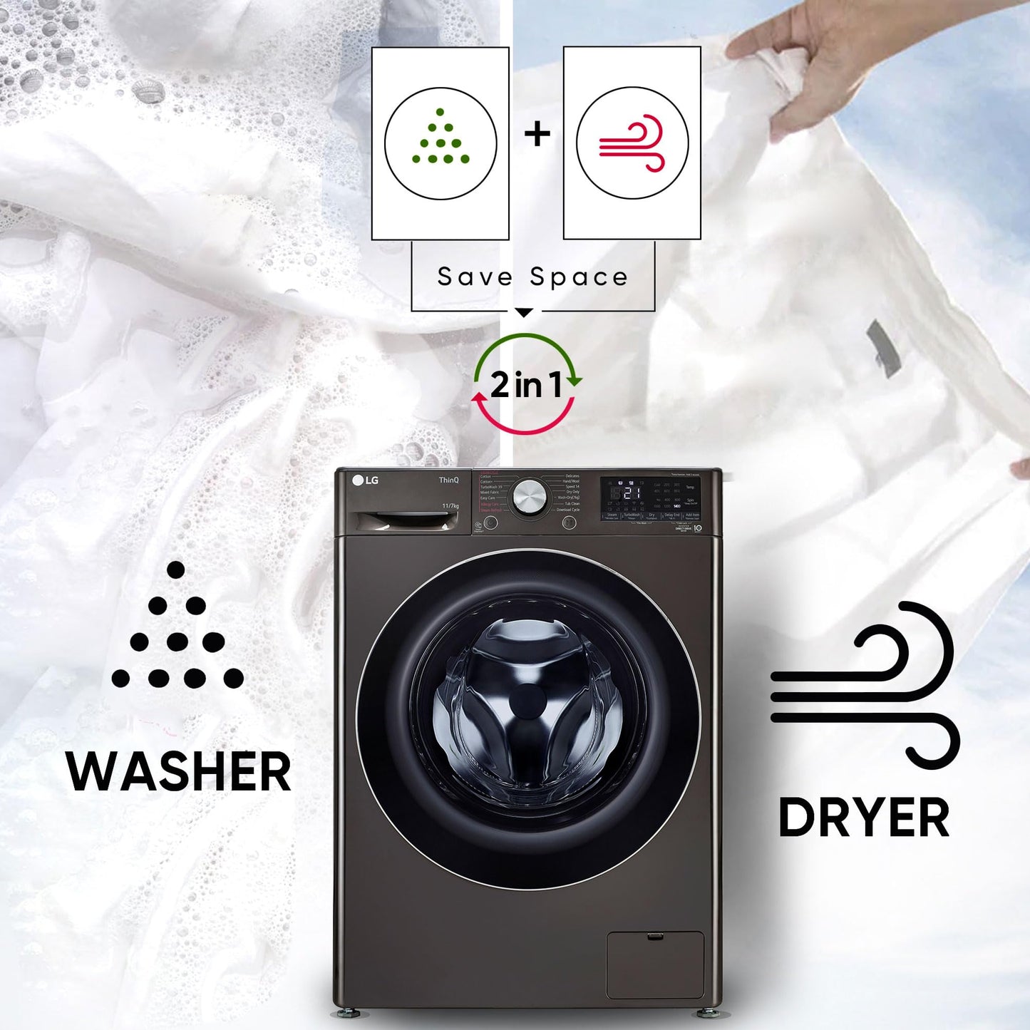 LG 11 Kg (Wash) / 7 Kg (Dry), AI Direct Drive Technology, Steam+ & Wi-Fi Front Load Fully Automatic Washer Dryer (FHD1107STB, Intelligent & Convenient Fabric Care, Wrinkle Care, Black Steel) 