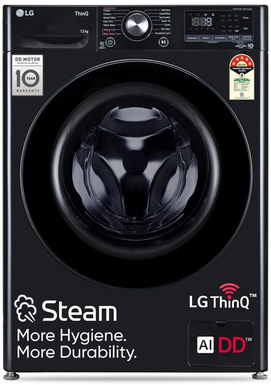 LG 12 Kg, 5 Star, AI Direct Drive Technology, Wi-Fi, Steam Fully Automatic Front Load Washing Machine (FHP1412Z5O, Intelligent & Convenient Fabric Care, Allergy Care, Remote Control, Onyx Black) 