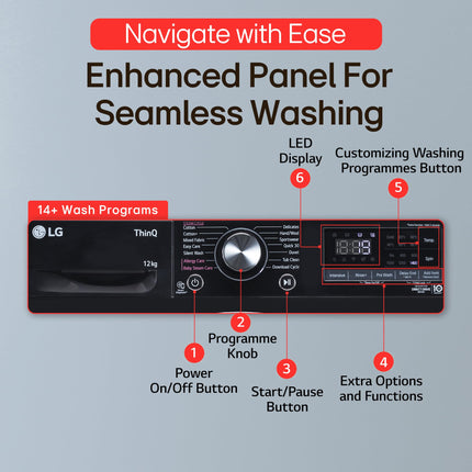 LG 12 Kg, 5 Star, AI Direct Drive Technology, Wi-Fi, Steam Fully Automatic Front Load Washing Machine (FHP1412Z5O, Intelligent & Convenient Fabric Care, Allergy Care, Remote Control, Onyx Black) 