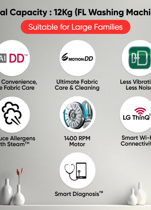 LG 12 Kg, 5 Star, AI Direct Drive Technology, Wi-Fi, Steam Fully Automatic Front Load Washing Machine (FHP1412Z5O, Intelligent & Convenient Fabric Care, Allergy Care, Remote Control, Onyx Black) 