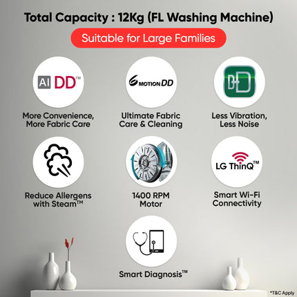 LG 12 Kg, 5 Star, AI Direct Drive Technology, Wi-Fi, Steam Fully Automatic Front Load Washing Machine (FHP1412Z5O, Intelligent & Convenient Fabric Care, Allergy Care, Remote Control, Onyx Black) 