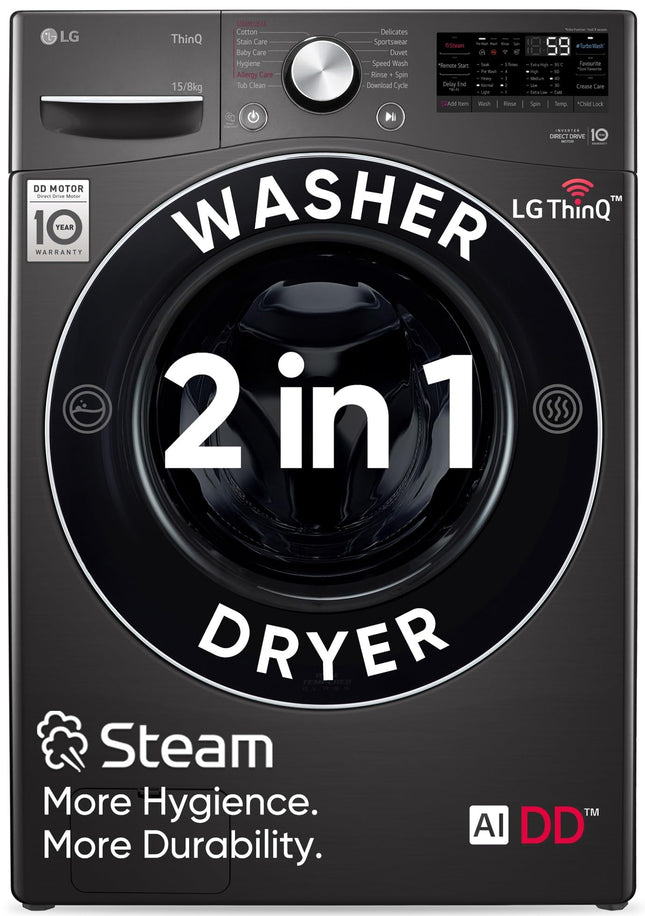 LG 15 Kg (Wash) / 8 Kg (Dry) Ai Direct Drive With Wi-Fi Fully Automatic Front Load Washer Dryer (Fhd1508Stb, With Steam Remove Allergen & Turbowash, Black Vcm) 