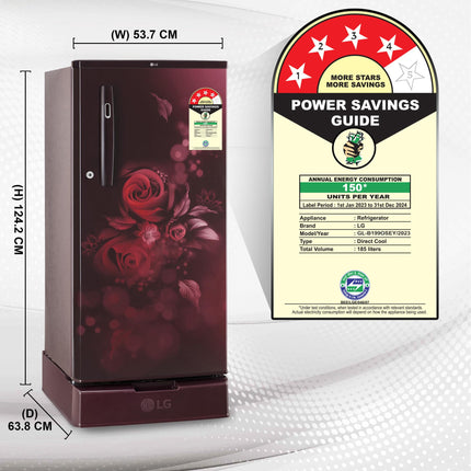LG 185 L 4 Star Direct-Cool Inverter Single Door Refrigerator (GL-B199OSEY, Scarlet Euphoria, Smart Connect) 