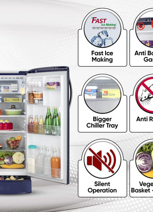 LG 185 L, 5 Star, Smart Inverter Compressor, Direct Cool Single Door Refrigerator (GL-D201ABIU.BBIZEBN, Blue ILAN, Moist N Fresh, Auto Smart Connect & Base Stand Drawer) 