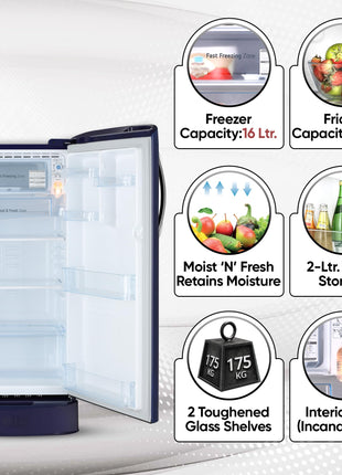 LG 185 L, 5 Star, Smart Inverter Compressor, Direct Cool Single Door Refrigerator (GL-D201ABIU.BBIZEBN, Blue ILAN, Moist N Fresh, Auto Smart Connect & Base Stand Drawer) 