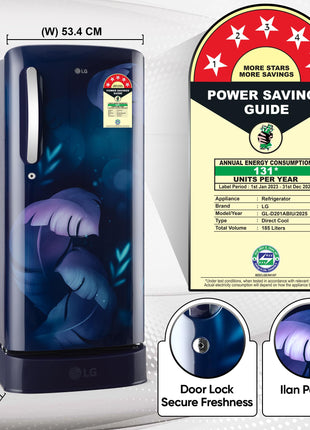 LG 185 L, 5 Star, Smart Inverter Compressor, Direct Cool Single Door Refrigerator (GL-D201ABIU.BBIZEBN, Blue ILAN, Moist N Fresh, Auto Smart Connect & Base Stand Drawer) 