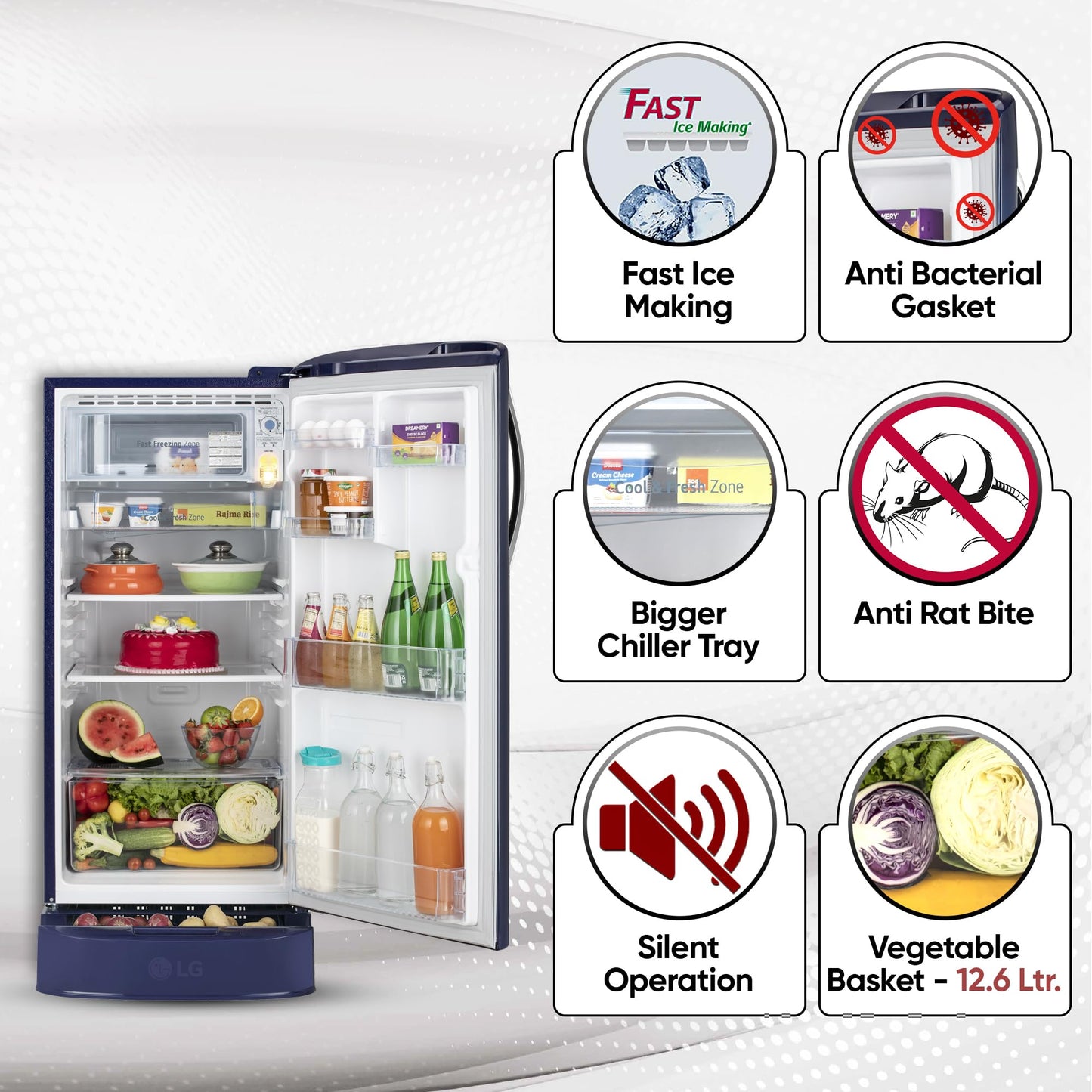 LG 185 L, 5 Star, Smart Inverter Compressor, Direct Cool Single Door Refrigerator (GL-D201ABIU.BBIZEBN, Blue ILAN, Moist N Fresh, Auto Smart Connect & Base Stand Drawer) 