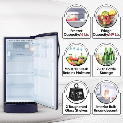 LG 185 L, 5 Star, Smart Inverter Compressor, Direct Cool Single Door Refrigerator (GL-D201ABIU.BBIZEBN, Blue ILAN, Moist N Fresh, Auto Smart Connect & Base Stand Drawer) 