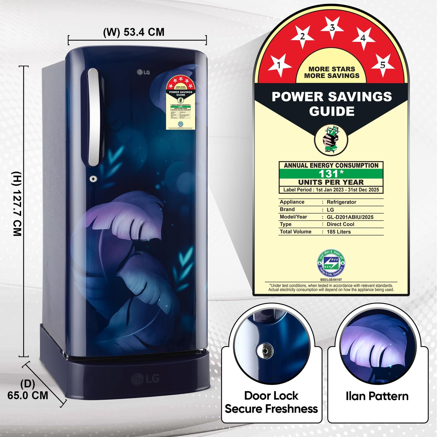 LG 185 L, 5 Star, Smart Inverter Compressor, Direct Cool Single Door Refrigerator (GL-D201ABIU.BBIZEBN, Blue ILAN, Moist N Fresh, Auto Smart Connect & Base Stand Drawer) 