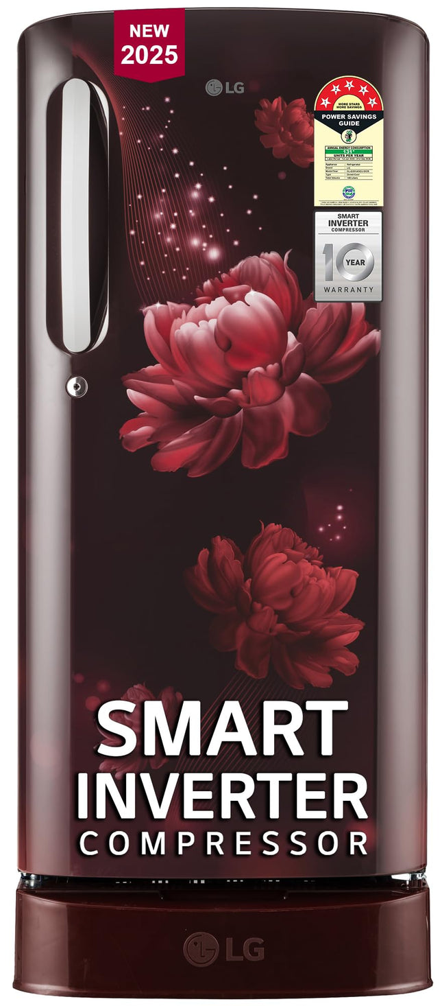 LG 185 L, 5 Star, Smart Inverter, Direct-Cool Single Door Refrigerator (GL-D201ASCU.BSCZEBN, Scarlet Charm, Base stand with drawer & Fast Ice Making) 