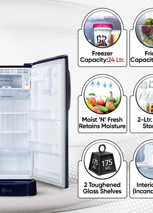 LG 210 L, 5 Star, Direct Cool, Smart Inverter Compressor, Single Door Refrigerator (2025 Model, GL-D231ABAU, Blue Aurora, Humidity Controller, Base stand with Drawer & Fast Ice Making) 