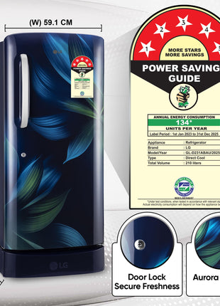 LG 210 L, 5 Star, Direct Cool, Smart Inverter Compressor, Single Door Refrigerator (2025 Model, GL-D231ABAU, Blue Aurora, Humidity Controller, Base stand with Drawer & Fast Ice Making) 
