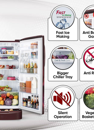 LG 210 L, 5 Star, Direct Cool, Smart Inverter Compressor, Single Door Refrigerator (2025 Model, GL-D231ASAU, Scarlet Aurora, Moist 'N' Fresh, Base stand with Drawer & Fast Ice Making) 