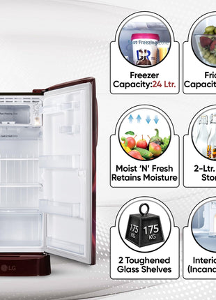 LG 210 L, 5 Star, Direct Cool, Smart Inverter Compressor, Single Door Refrigerator (2025 Model, GL-D231ASAU, Scarlet Aurora, Moist 'N' Fresh, Base stand with Drawer & Fast Ice Making) 