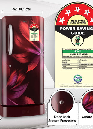 LG 210 L, 5 Star, Direct Cool, Smart Inverter Compressor, Single Door Refrigerator (2025 Model, GL-D231ASAU, Scarlet Aurora, Moist 'N' Fresh, Base stand with Drawer & Fast Ice Making) 
