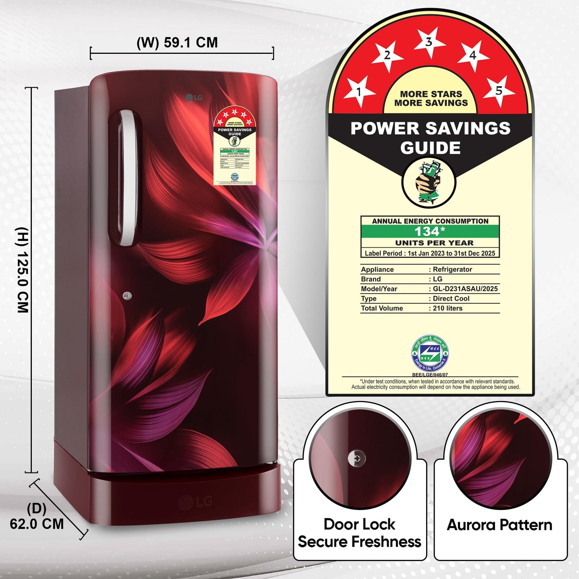 LG 210 L, 5 Star, Direct Cool, Smart Inverter Compressor, Single Door Refrigerator (2025 Model, GL-D231ASAU, Scarlet Aurora, Moist 'N' Fresh, Base stand with Drawer & Fast Ice Making) 