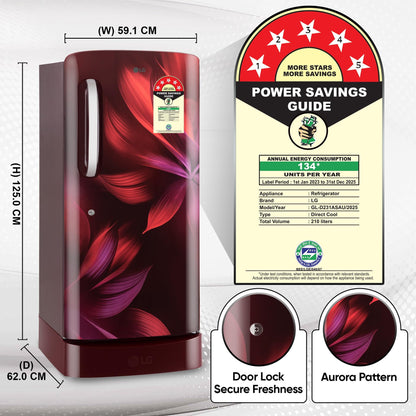 LG 210 L, 5 Star, Direct Cool, Smart Inverter Compressor, Single Door Refrigerator (2025 Model, GL-D231ASAU, Scarlet Aurora, Moist 'N' Fresh, Base stand with Drawer & Fast Ice Making) 