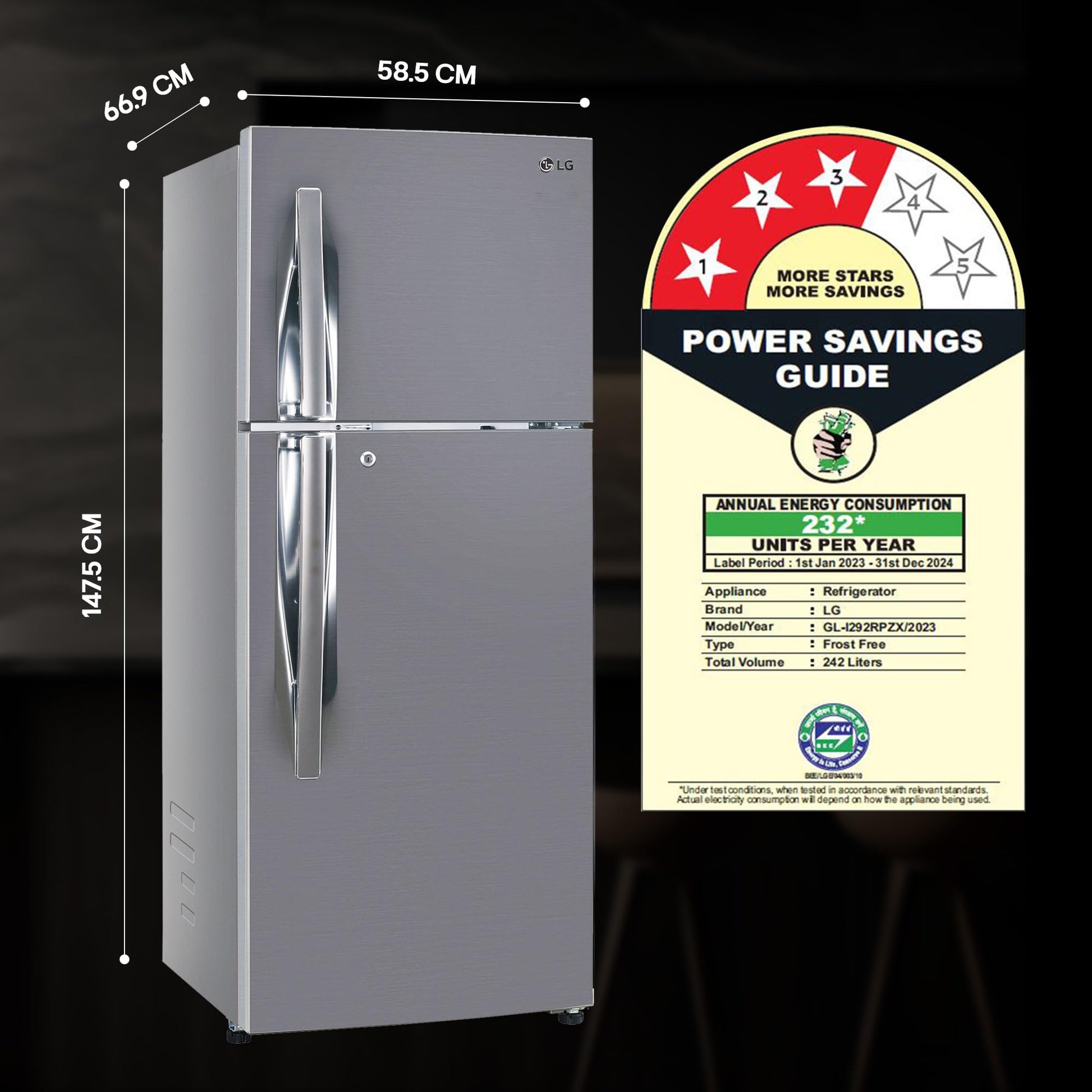 LG 242 L 3 Star Smart Inverter Frost-Free Double Door Refrigerator (GL-I292RPZX, Shiny Steel, Door Cooling+) 
