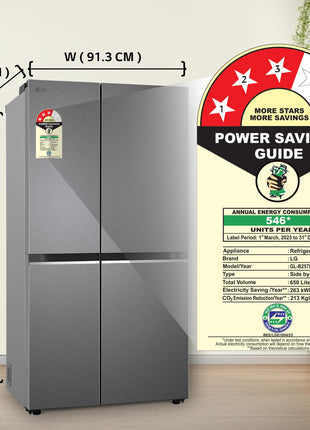 LG 650 L, 3 Star, Smart Inverter Compressor, Convertible, Door Cooling+, Frost Free Double Door Side by Side Refrigerator (GL-B257HDS3, Dazzle Steel, Express Freeze) 