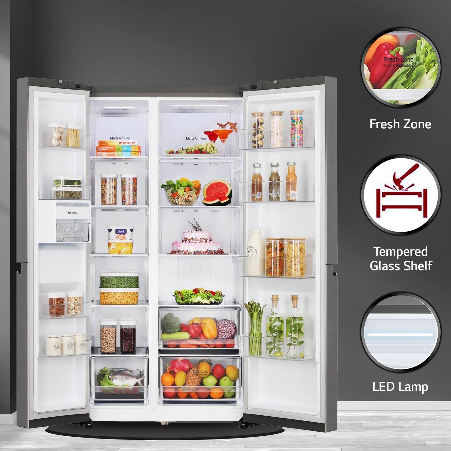 LG 655 L Frost-Free Smart Inverter Double Door Side-By-Side Refrigerator (GL-B257HDSY, Dazzle Steel, Express Freeze | Multi Air-Flow) 