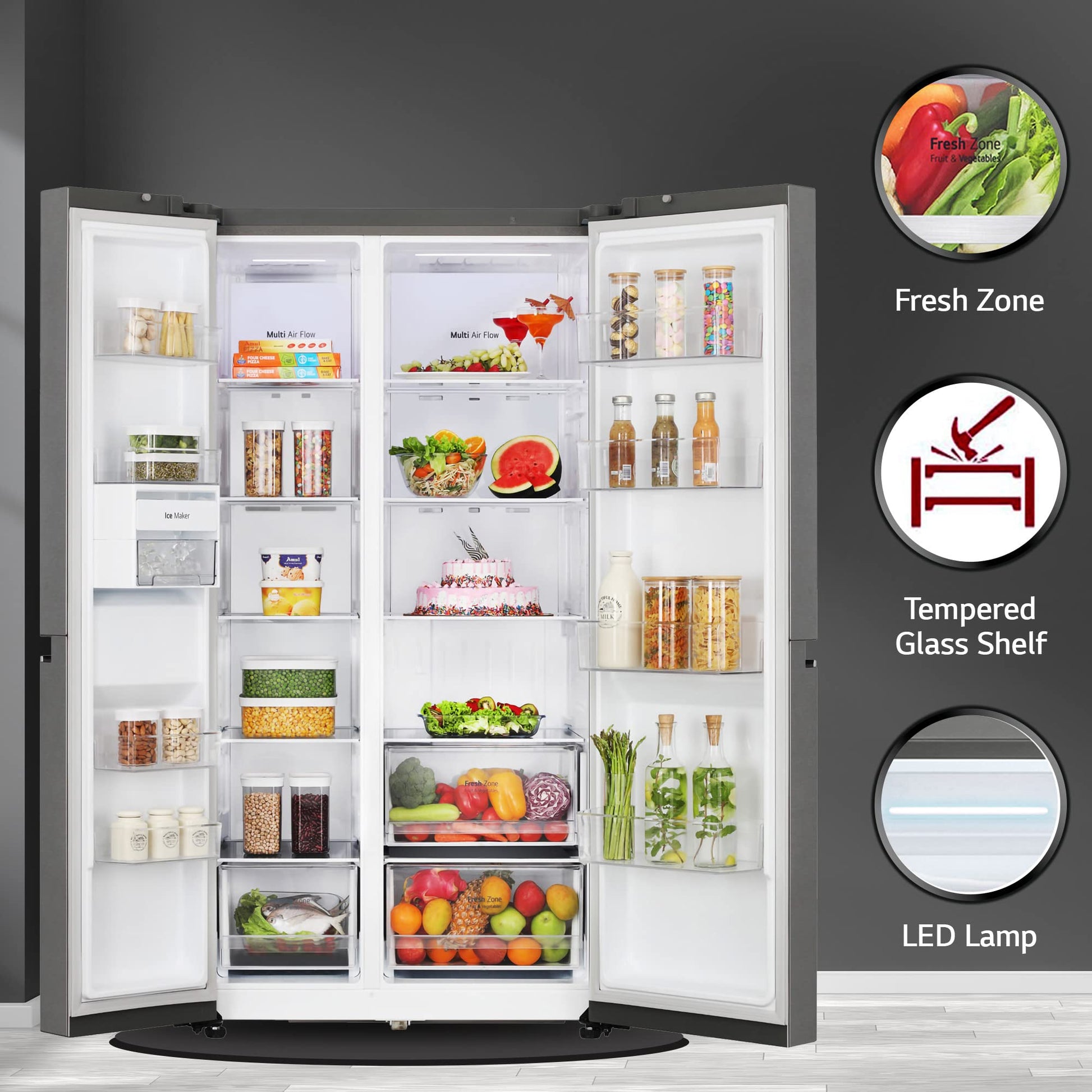 LG 655 L Frost-Free Smart Inverter Double Door Side-By-Side Refrigerator (GL-B257HDSY, Dazzle Steel, Express Freeze | Multi Air-Flow) 