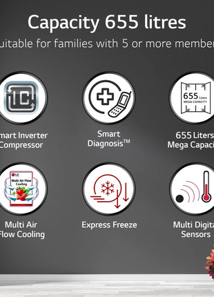 LG 655 L Frost-Free Smart Inverter Double Door Side-By-Side Refrigerator (GL-B257HDSY, Dazzle Steel, Express Freeze | Multi Air-Flow) 