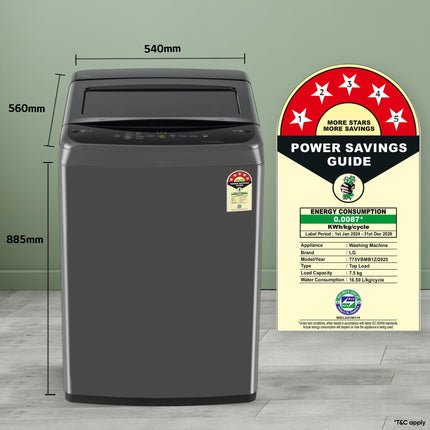 LG 7.5 Kg 5 Star Smart Inverter Technology Fully Automatic Top Load Washing Machine (T75VBMB1Z, Auto Prewash, Turbodrum, Stainless Steel drum, LED Display, Smart Diagnosis, Middle Black) 