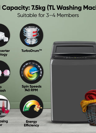 LG 7.5 Kg 5 Star Smart Inverter Technology Fully Automatic Top Load Washing Machine (T75VBMB1Z, Auto Prewash, Turbodrum, Stainless Steel drum, LED Display, Smart Diagnosis, Middle Black) 
