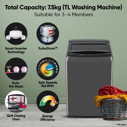 LG 7.5 Kg 5 Star Smart Inverter Technology Fully Automatic Top Load Washing Machine (T75VBMB1Z, Auto Prewash, Turbodrum, Stainless Steel drum, LED Display, Smart Diagnosis, Middle Black) 