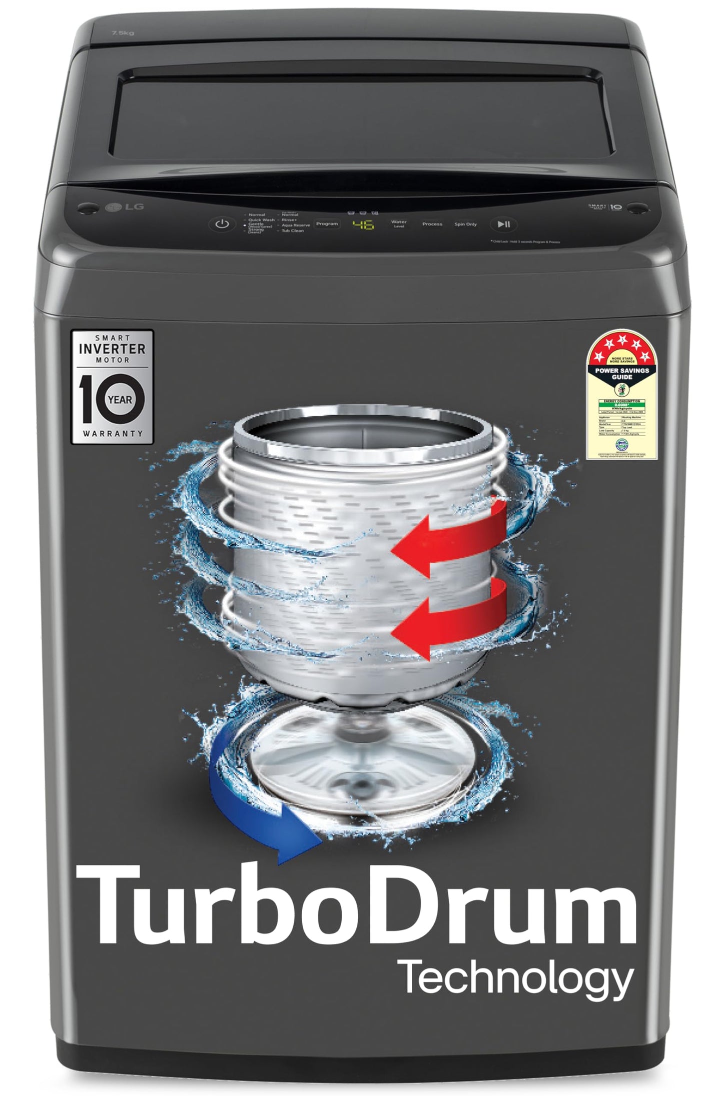 LG 7.5 Kg 5 Star Smart Inverter Technology Fully Automatic Top Load Washing Machine (T75VBMB1Z, Auto Prewash, Turbodrum, Stainless Steel drum, LED Display, Smart Diagnosis, Middle Black) 
